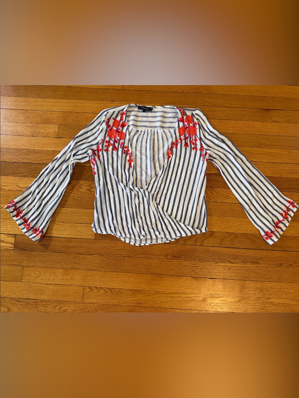 Striped White & Navy Embroidered Floral Women's Top